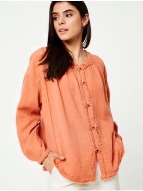 Free People‎ Moving Mountains Oversized Shirt Long Sleeve Raw Hem Size S